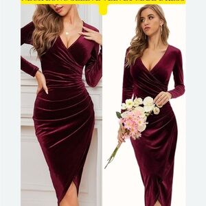 DIRASS Burgundy Velvet Ruched Midi Dress XL Cocktail Party Dress